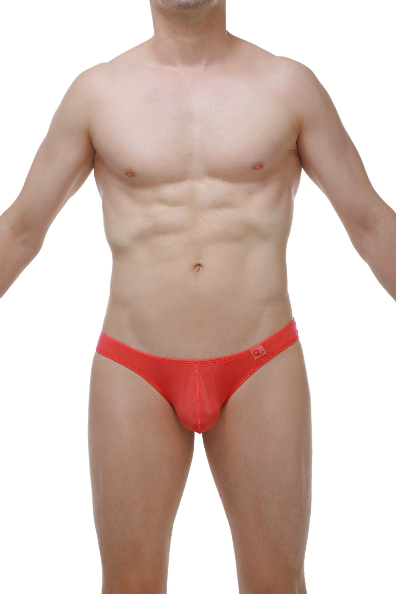 Bright red petitq thong bulan plum crimson with form fitting design and subtle logo on waistband for men