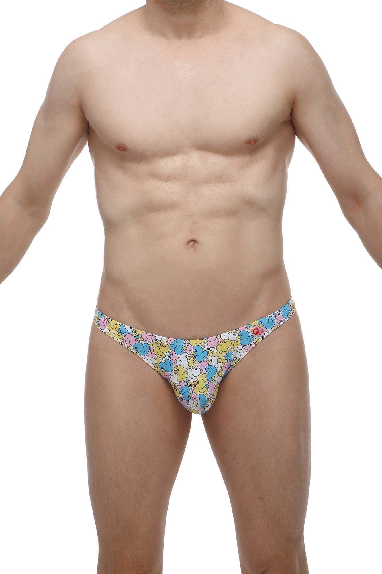 Colorful cartoon duck-patterned men’s thong in stretchy lightweight fabric by PetitQ shown from the back side