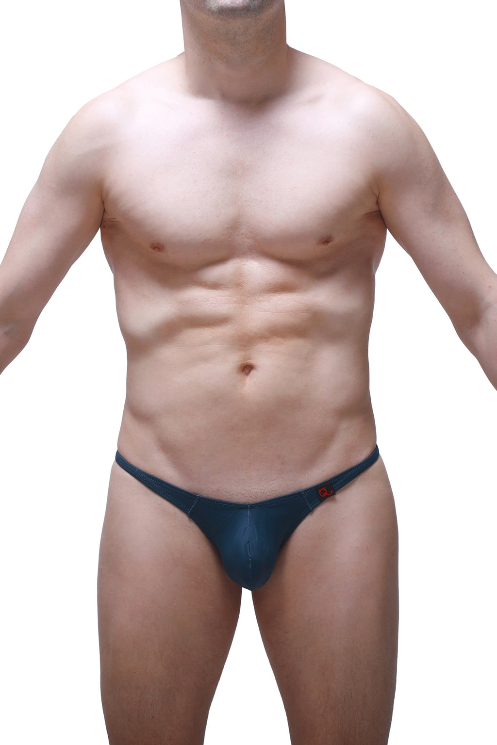Dark blue form-fitting thong with subtle red logo on side by petitq in prussian blue color