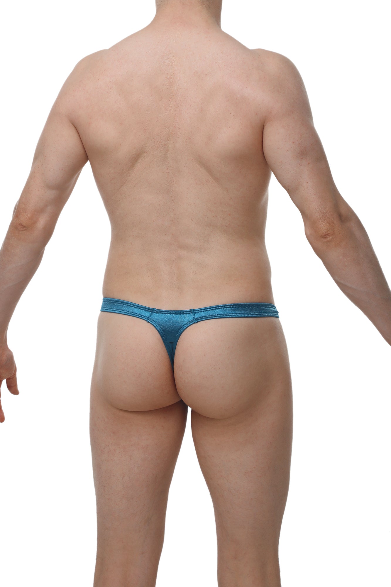 Blue metallic satin thong by PetitQ in teal featuring a sleek tower design for stylish intimate wear