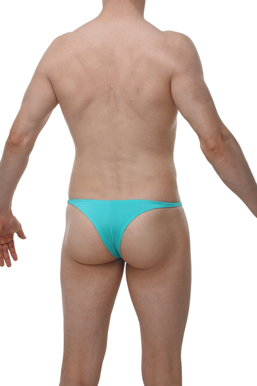 A sleek turquoise men’s thong made of smooth fabric with a minimalist design by Arthus and Nico bikiniprellis joe green
