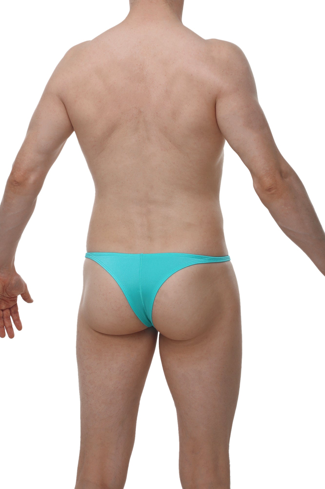 A sleek turquoise men’s thong made of smooth fabric with a minimalist design by Arthus and Nico bikiniprellis joe green