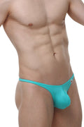 Turquoise men’s sexy thong by arthus and nico made of smooth stretchy fabric with a small red logo on the sideband