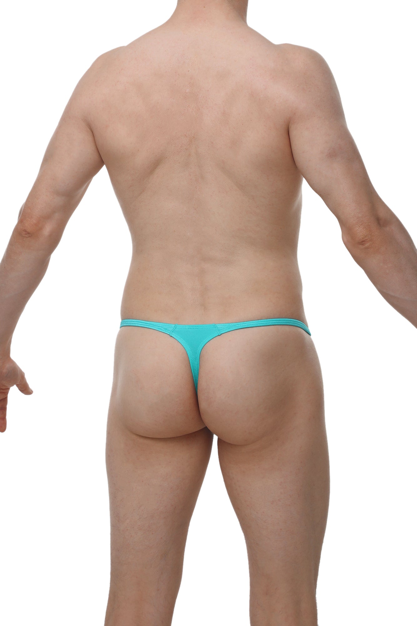 A turquoise men’s thong by Arthus and Nico made of smooth stretchy fabric with a thin waistband and minimal coverage