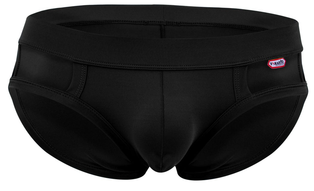 Pikante pik 2114 lenox briefs black swim trunks with smooth form-fitting design and red white brand tag on waistband