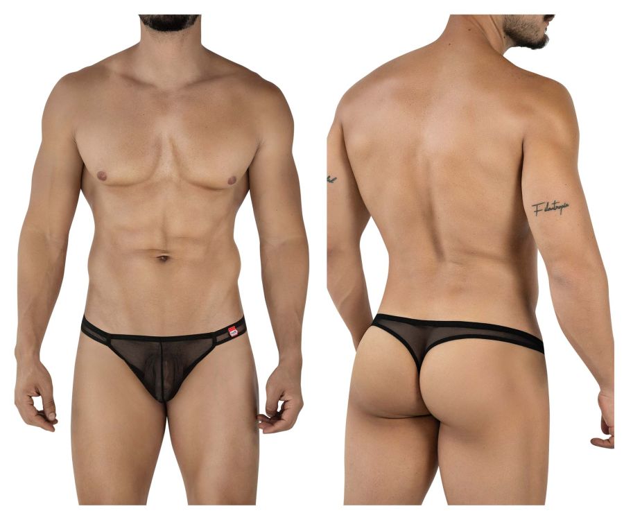 Black sheer mesh thong with solid black waistband and small red logo by Pikante PIK 2115 Amusing thongs color black