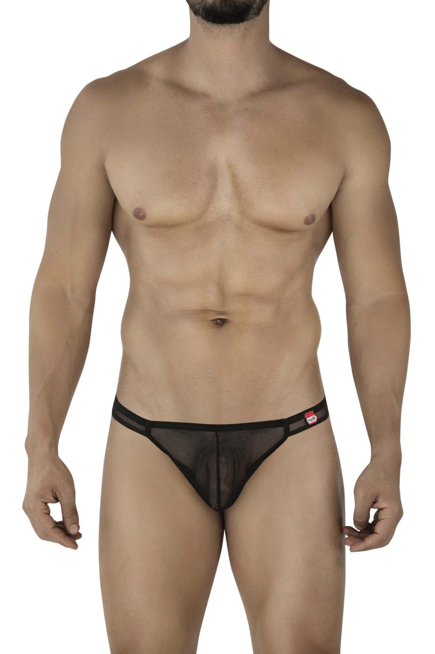 Black sheer mesh briefs with solid black waistband and red pikante logo tag from amusing thongs collection