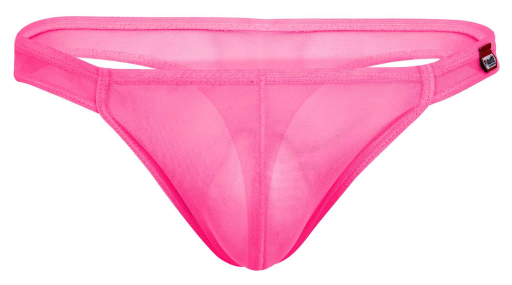Bright pink sheer mesh thong with a red and black pikante brand tag on the right hipband back side