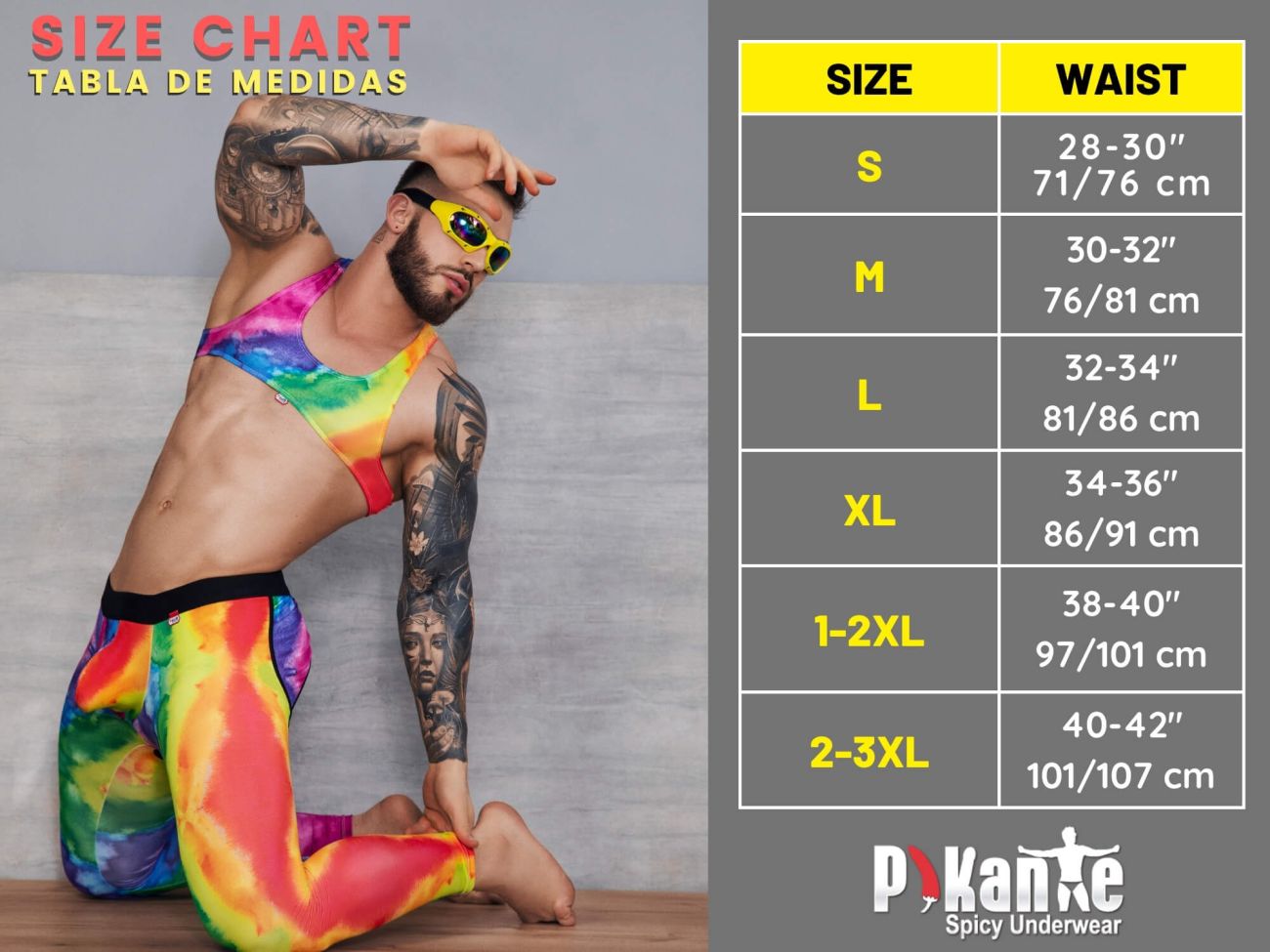 Rainbow tie-dye athletic wear set by Pikante featuring lilac spicy thongs for comfortable active use