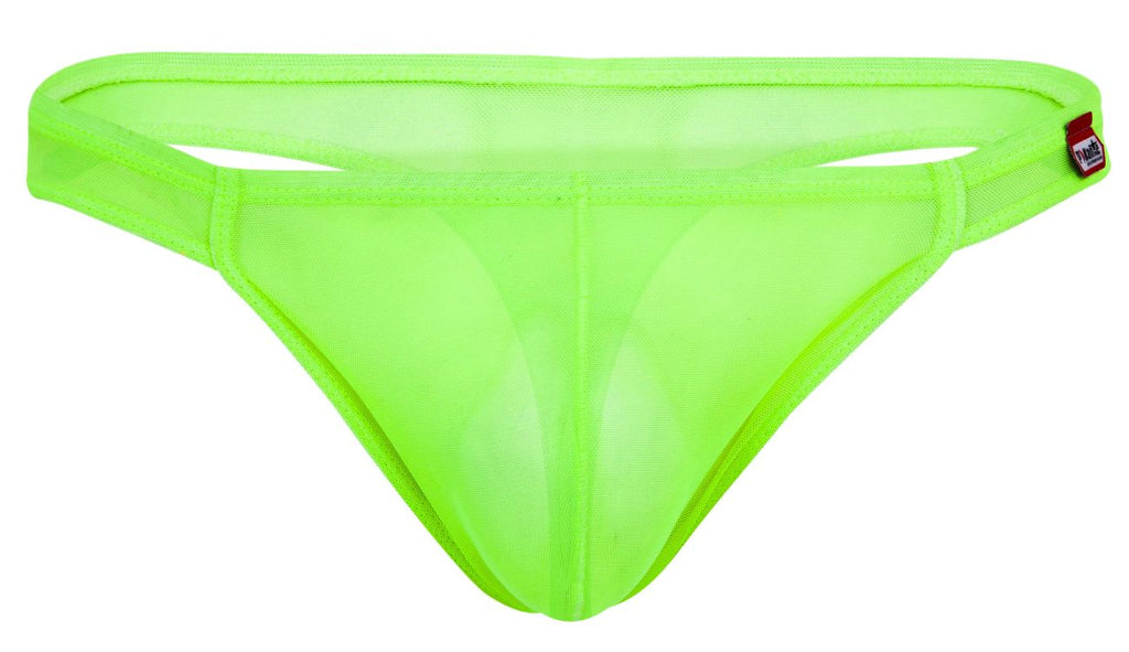 Neon green sheer mesh thong with red and white pikante brand tag on waistband from pikante PIK 2115 amusing thongs