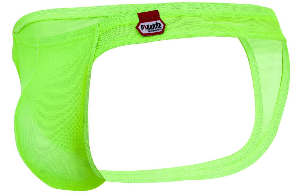 Bright neon green mesh briefs with red and white pykante tag on waistband from Pikante PIK 2115 Amusing Thongs