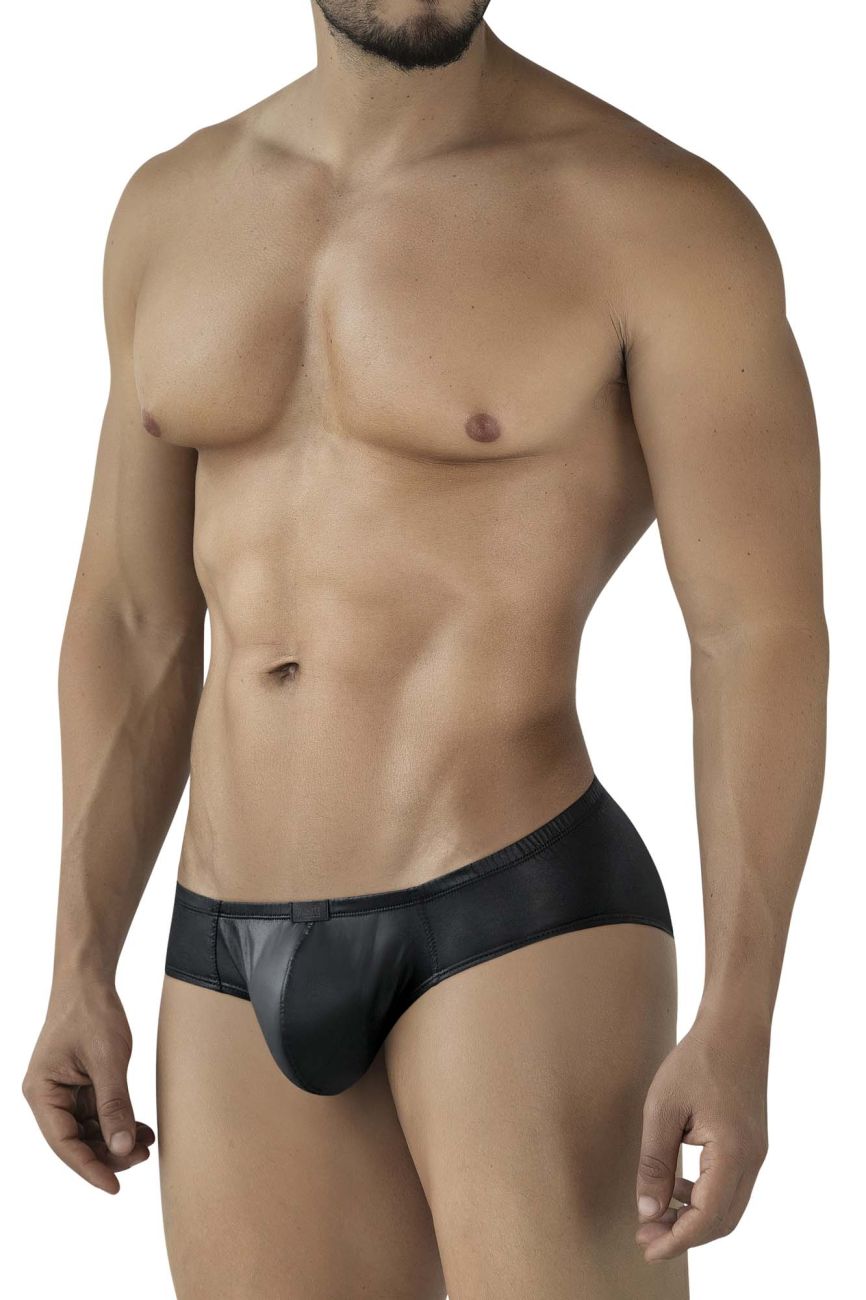 Black shiny faux leather brief with sleek form-fitting design from pikante pik 2118 candy briefs collection