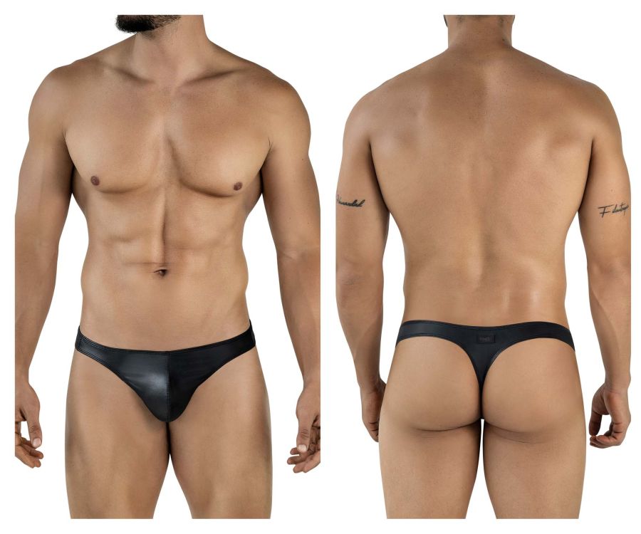 Black leather thong with sleek glossy finish and minimalistic design from pikante pik 2119 candy thongs collection