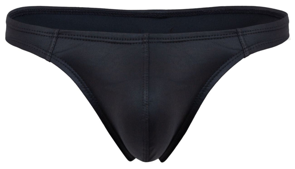 Black glossy-finish seamless stretchy thong from pikante pik 2119 candy thongs collection in black shown from the back