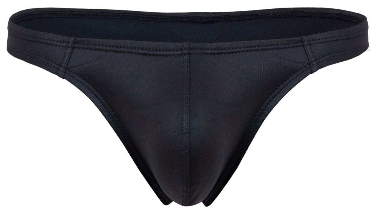 Black glossy-finish seamless stretchy thong from pikante pik 2119 candy thongs collection in black shown from the back