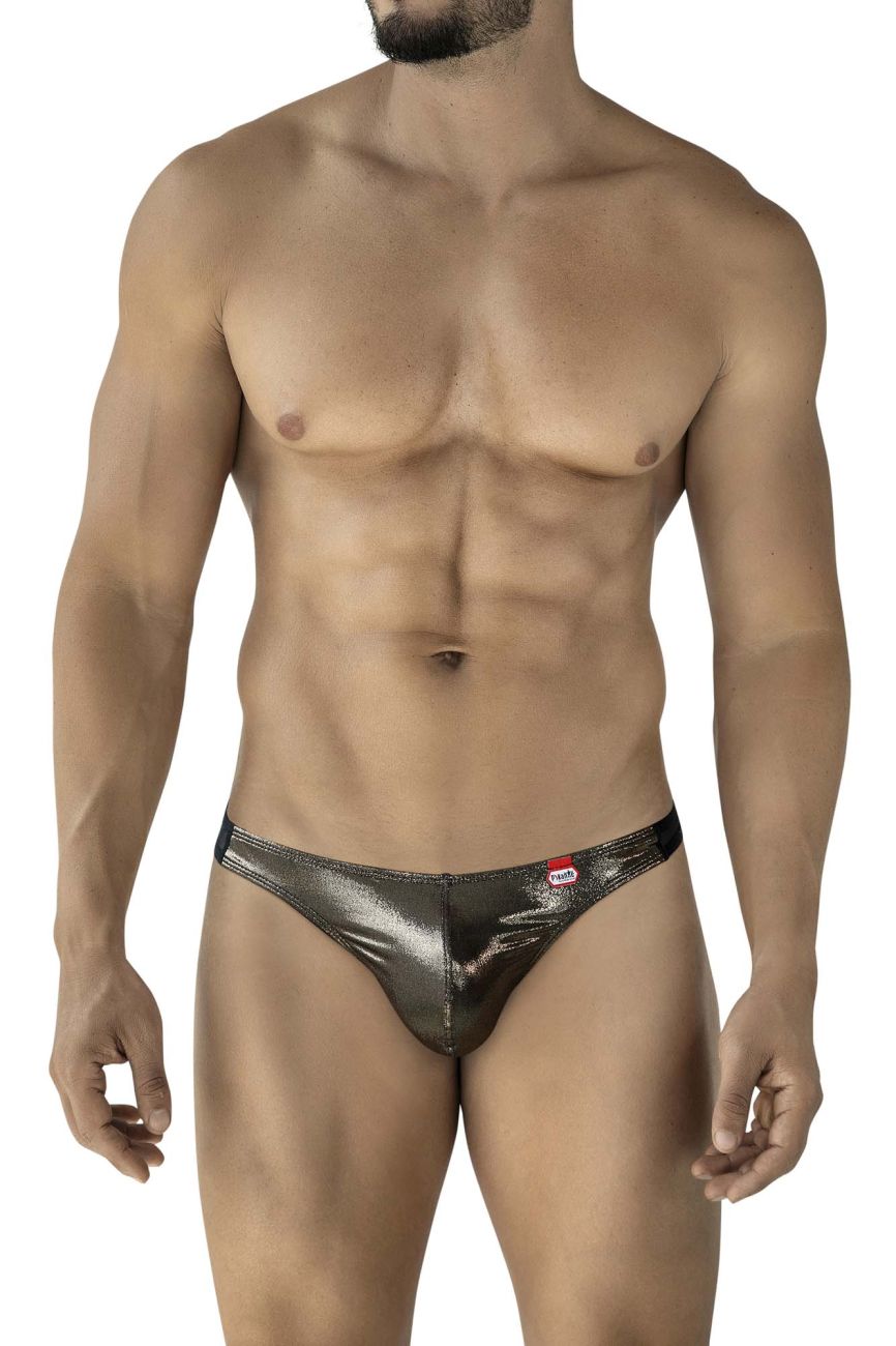 Shiny metallic silver thong with sleek form fitting design and red tag on waistband from pikante PIK 2123 Gold Cup thongs black