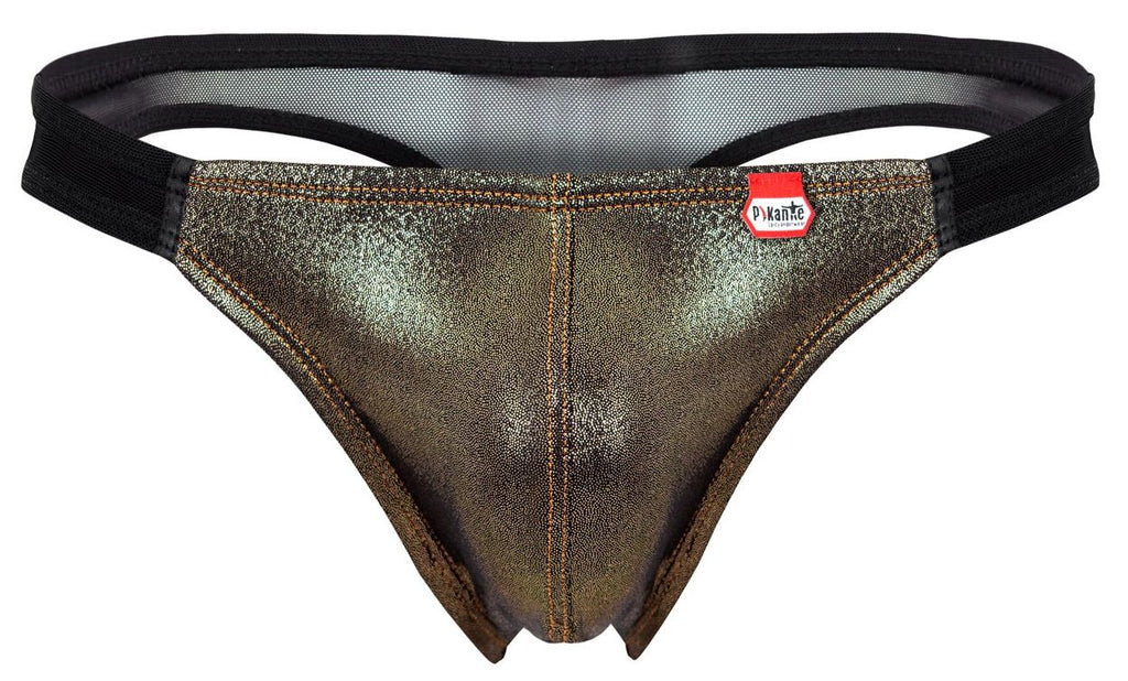 Pikante pik 2123 gold cup thong in metallic bronze fabric with black elastic waistband and red brand tag