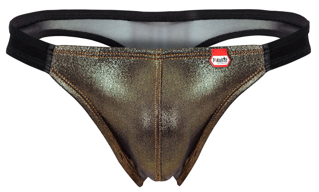 Pikante pik 2123 gold cup thong in metallic bronze fabric with black elastic waistband and red brand tag