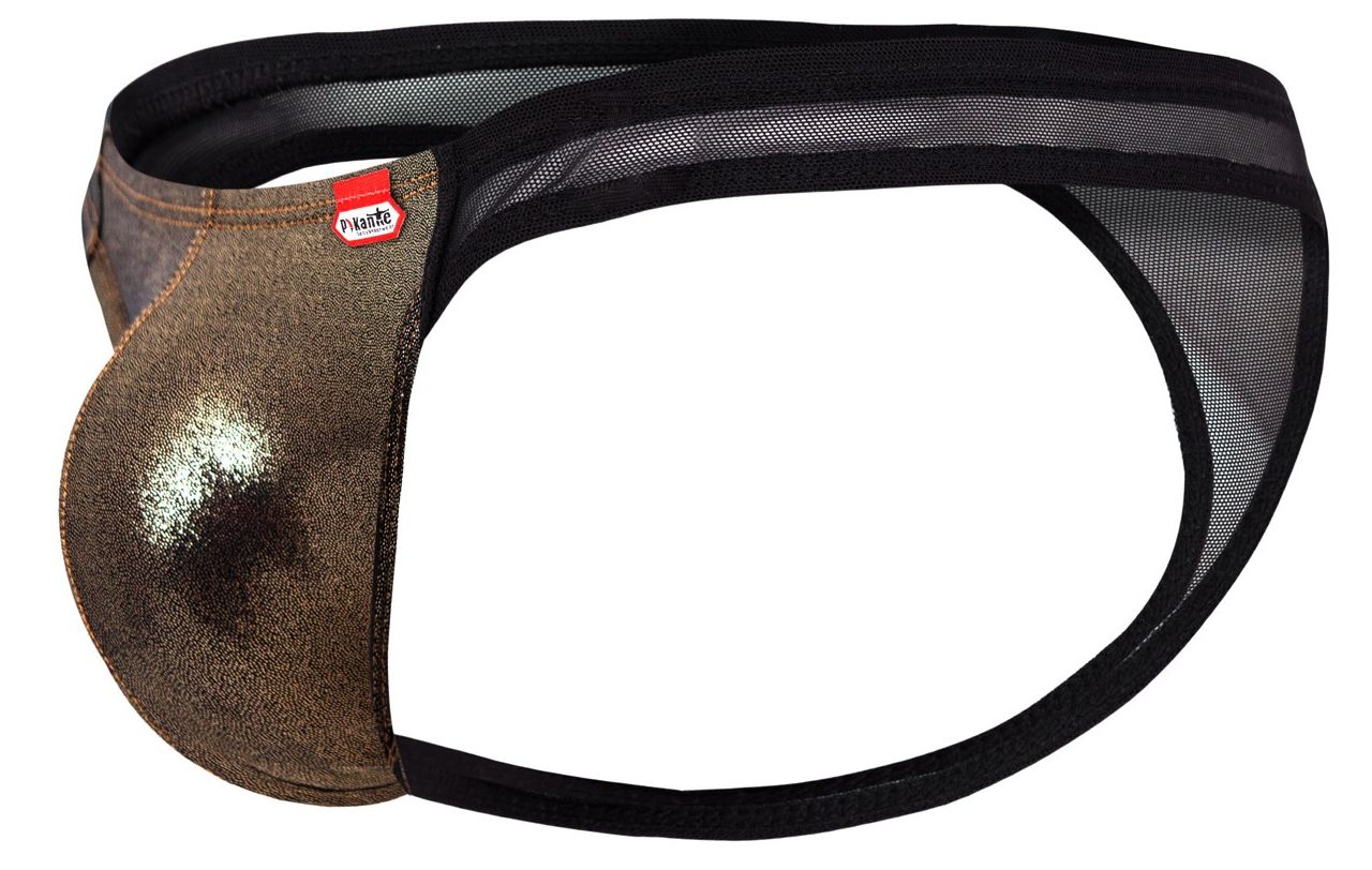 Bronze metallic mesh thong with black elastic waistband and pikante brand tag from pik 2123 gold cup thongs collection