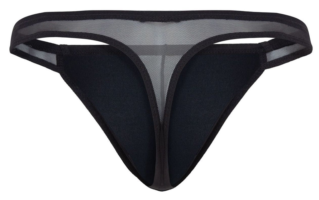 Black mesh thong with solid black fabric front and trim from pikante pik 2123 gold cup thongs collection