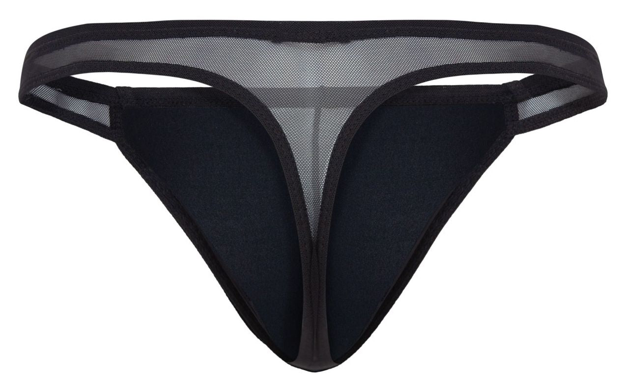 Black mesh thong with solid black fabric front and trim from pikante pik 2123 gold cup thongs collection