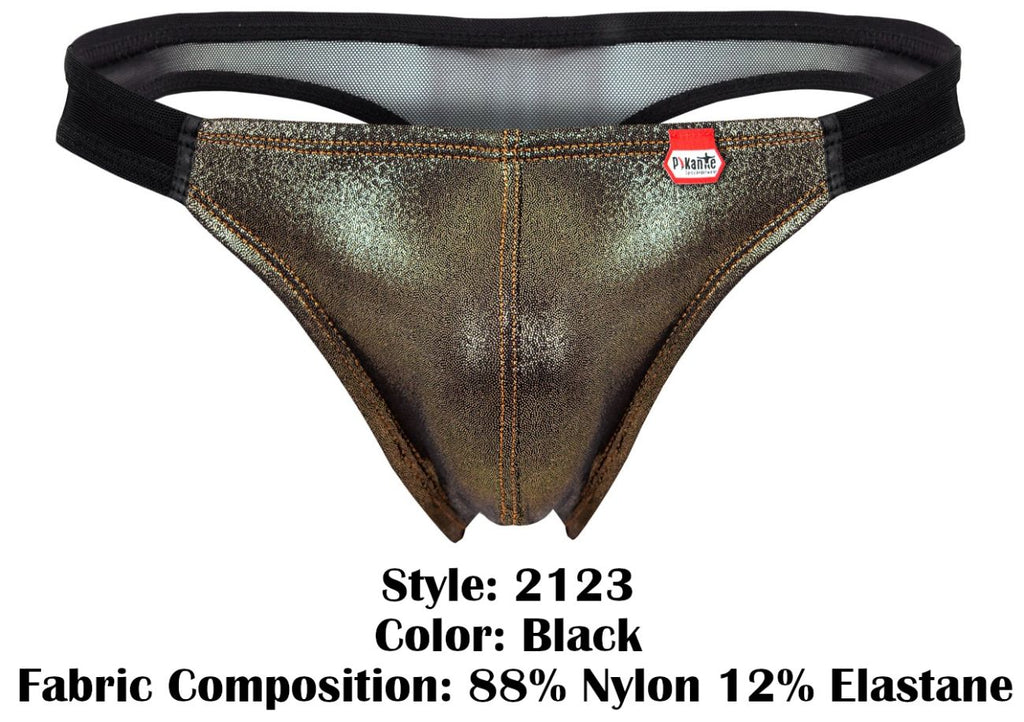 Pikante pik 2123 gold cup thong in black metallic finish with subtle sheen and reinforced stitching along seams