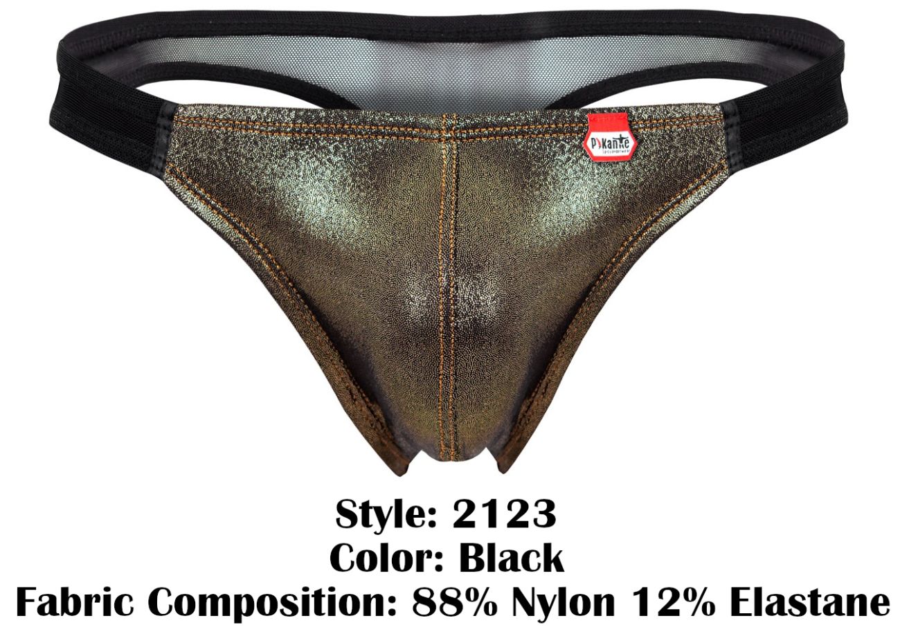 Pikante pik 2123 gold cup thong in black metallic finish with subtle sheen and reinforced stitching along seams