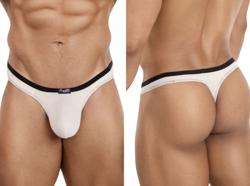 Beige Pikante men’s thong with black waistband. Smooth, minimalist style for everyday wear or intimate use.