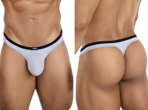 Front and back view of a gray Pikante men's thong with a black waistband, featuring a soft, smooth fabric design.
