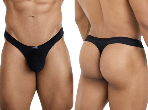 Men's black Pikante Isis thong with a comfortable, minimalist design, shown from front and back views.