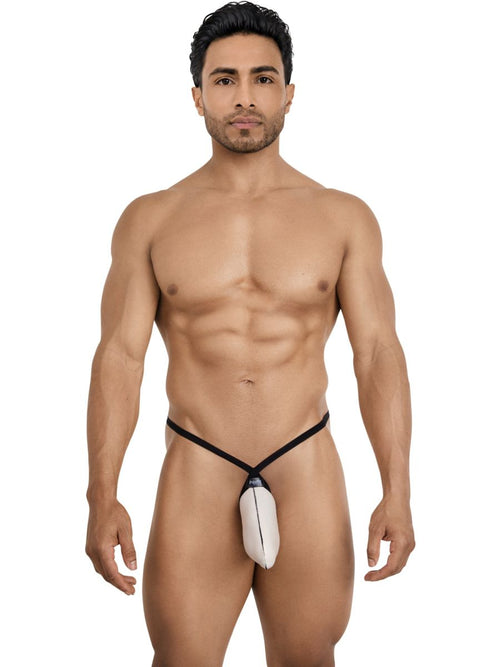 Minimalist beige men's G-string with thin black straps and a supportive pouch design for intimate wear.