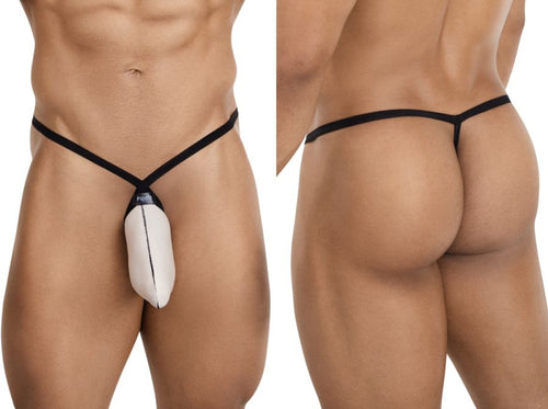Front and back views of a minimalist beige men's G-string with thin black straps for intimate wear.