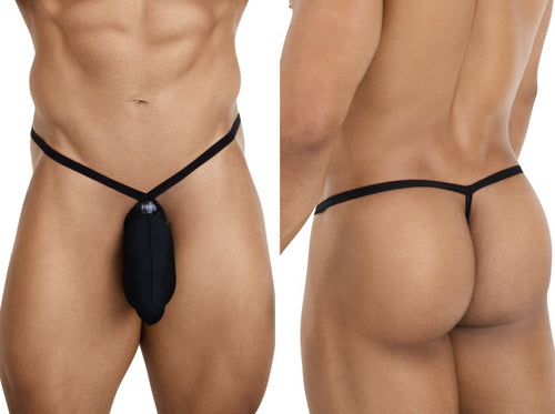 Minimalist black men's G-string with a contoured pouch and thin waistband for athletic, form-fitting support.