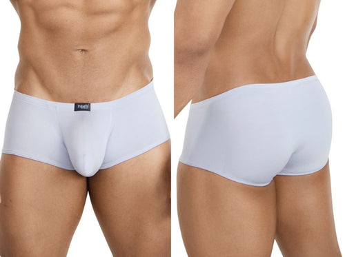 Men's gray Pikante trunk underwear in a smooth, supportive, modern style, shown from the front and back.