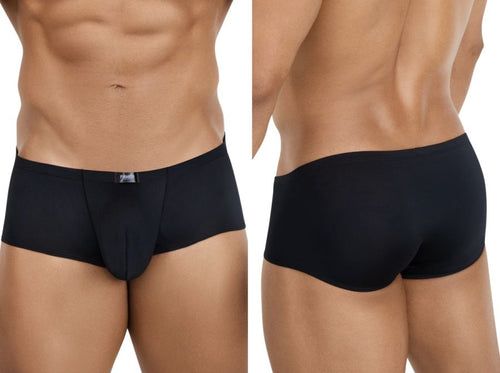 Black Pikante men's trunks with a sleek, supportive fit, shown from front and back views for daily wear.