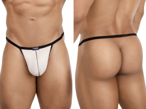 Beige minimalist men's C-sock underwear with black trim, worn by a model. Front and back views.
