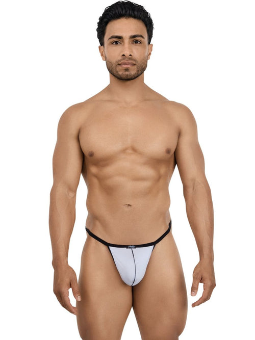 Minimalist gray Pikante C-sock underwear for men, featuring a sleek, contoured pouch with thin black trim.