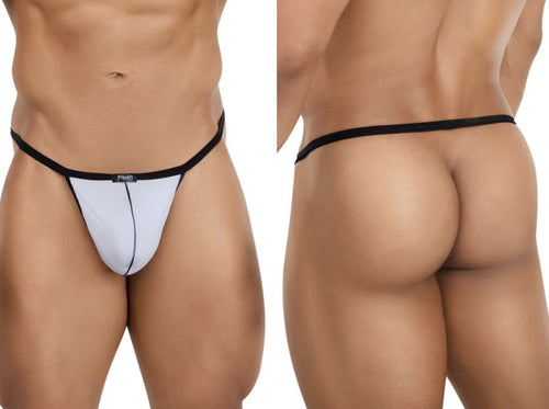 Minimalist gray Pikante C-sock men’s underwear with black trim, showing front and back views.