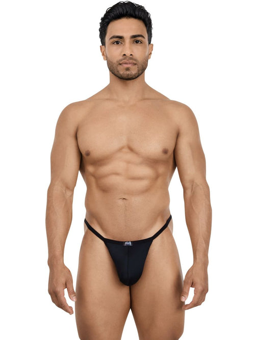 Man wearing a sleek black Pikante C-Sock thong made of smooth, stretchy material for minimal coverage.