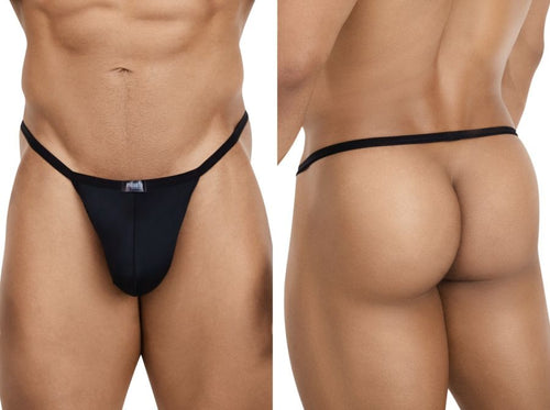 Pikante black C-sock thong with minimal front pouch and thin side straps for men. Smooth, sleek fabric.
