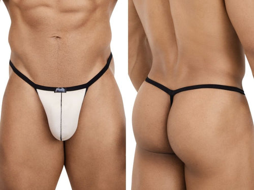 Beige Pikante men's G-string with black trim and a center-seam pouch, shown from the front and back.