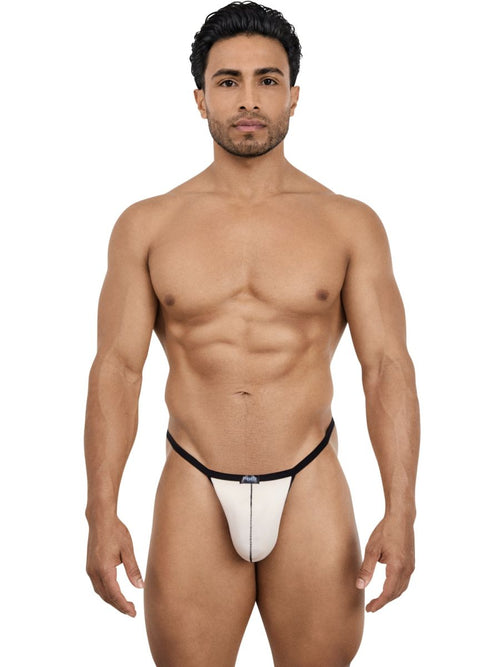 Pikante men’s beige g-string with black trim and a vertical center seam, worn by a man on a white background.