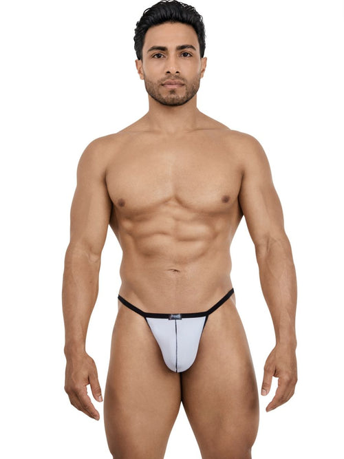 Gray Pikante men's G-string with a black trim and center seam, designed for minimal coverage and intimate wear.