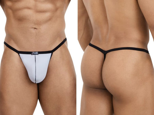 Men's gray Pikante G-string underwear with black trim and a contour pouch, shown from front and back.
