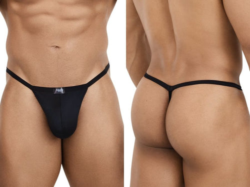 Front and back view of a men's sleek black G-string with thin straps, designed for minimal coverage and support.