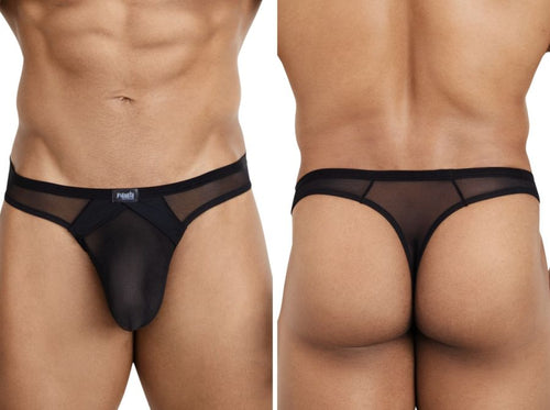 Pikante Sobek thong in black. Features sheer mesh fabric, low-rise style, and form-fitting front pouch.