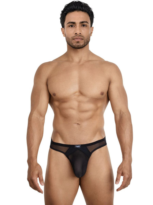 Black Pikante Sobek thong for men made of sheer, lightweight mesh fabric for a minimalist, form-fitting look.