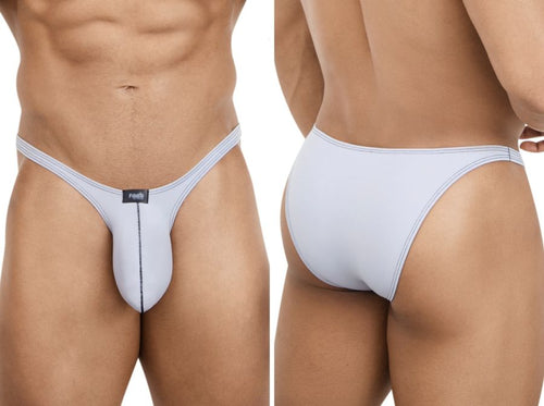 Pikante Neftis gray men's bikini underwear with contrast stitching and a form-fitting pouch design.