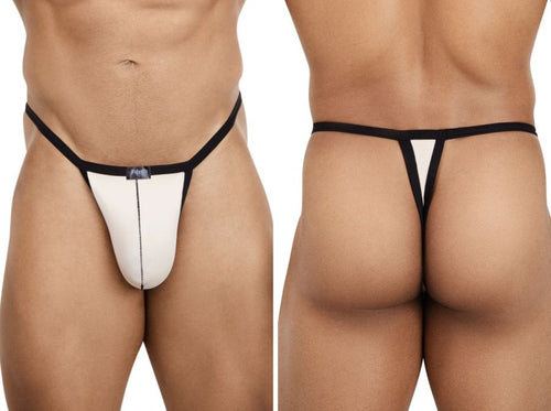 Beige Pikante Khonsu men's thong with black trim and exposed pouch, designed for a sleek, minimalist fit.