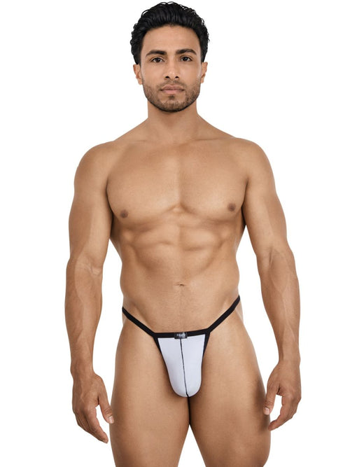 Man wearing a gray Pikante Khonsu thong with thin black trim, designed as minimalist, supportive men’s underwear.
